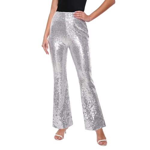 YYPBI Glitzer Hose Damen Pailletten Schlaghose High Waist Weites Bein Paillettenhose 70er 80er Disco Rave Hosen Festival Club Outfit Silber L