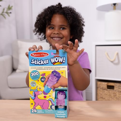 Image of Melissa & Doug Sticker Wow! 24-Page Activity Pad and Sticker Stamper, 300 Stickers, Arts and Crafts Fidget Toy Collectible Character - Purple Unicorn - for Kids Ages 3+ - FSC Certified