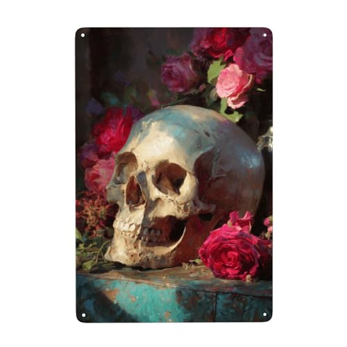 Teschio con rose segni in metallo decorazione artistica da parete in latta per bagno WC bagno fattoria toilette cortile 20 x 30 cm