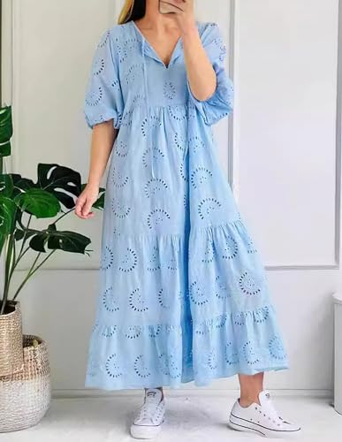 Image of chouyatou Women's Summer Loose Floral Lace Eyelet Dress Boho Casual Notch Neck Maxi Tunic Beach Dress