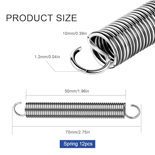 12 Stück Zugfedern mit Haken Zugfeder Edelstahl 70x10x1.2MM Spannfeder Sonnensegel Federn Metall Spiralfeder Federstahl Zugfedern Sortiment Stahlfeder Spannfeder mit Haken für Trampolin Mülleimer