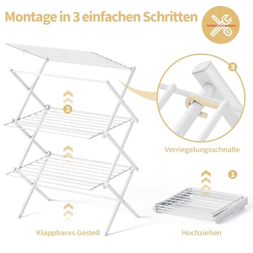 SYKIARIOL Klappbarer Wäscheständer - Mehrstöckiger, Faltbarer Wäschehänger aus Stahl für Großzügiges und Bequemes Trocknungserlebnis in Weiß