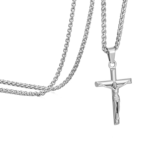 Speroto Jesus Cross Necklace for Men Silver and Gold Mens Carved Jesus Cross Pendant with Wheat Chain Simple Jewelry Gift for Men Women (Silver 22 inch)