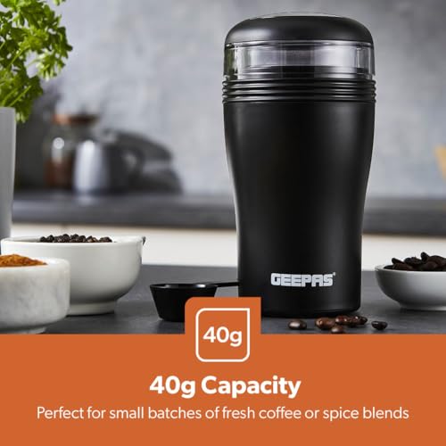Geepas Coffee Grinder Food Processor, 150W | Electric Dry Grinder Coffee Mill, Plastic Housing, Stainless Steel Blades for Coffee Beans Spices Nuts – 40g Detachable Bowl, Black