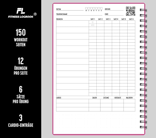 Fitness Logbuch Plastik-Cover Rosa - undatiertes Workout-Tagebuch – A5-Format, dickes Papier, starke Bindung – stilvolles und minimalistisches Trainingstagebuch