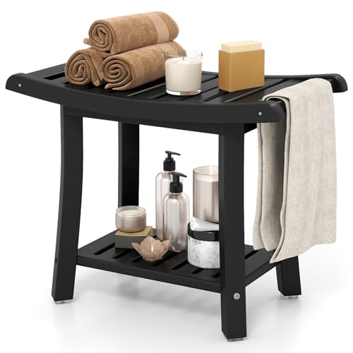COSTWAY Sgabello da Doccia, Sgabello da Bagno Impermeabile con Sedile Curvo, con Portasciugamani e Piedini Antiscivoli, Panca Versatile con Ripiano, 60,5 x 34 x 48 cm (Nero)
