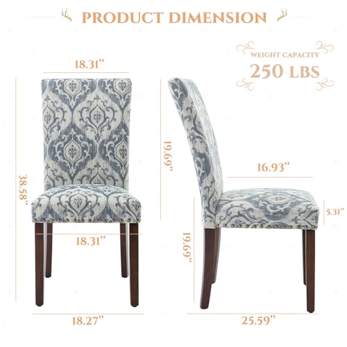 Image of Parsons Dining Chairs Set of 4, Upholstered Nailhead Dining Room Kitchen Side Chair with Thick Cushions and Wood Legs, White /Blue