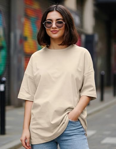 Image of JUNEBERRY Pure Cotton Oversized Baggy Fit Half Sleeve Drop Shoulder Plain Solid Round Neck T-Shirt for Women (Available in Black, White, Lilac, Cork, Maroon, Royal Blue, Swan White, Soap Nut Colors)