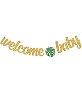 Gold Glitter Welcome Baby Banner with Tropical Palm Leaves Safari Animal Jungle Theme Baby Shower...