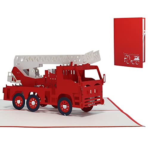 Lin - Pop Up Greeting Card for a children's birthday, Fire truck, handmade, (#216)