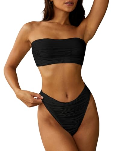 ZAFUL Women Strapless Textured Bandeau Bikini 2 Piece Swimwear Cheeky Solid Lace up Bathing Suits(1-Black Wave,M)