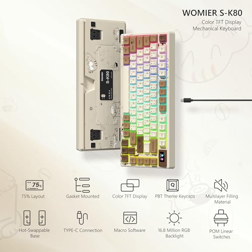 Image of Womier SK80 Retro 75% Keyboard with Color Multimedia Display Mechanical Gaming Keyboard, Hot Swappable Gasket Mount RGB Custom Key Board, Pre-lubed Stabilizer for Mac /Win,Coffee Cat