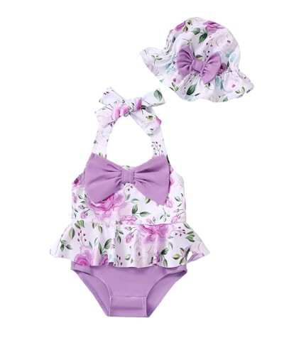 Image of Kucnuzki Baby Girl Swimsuit Newborn One Piece Bathing Suit Bow Tie Bikini Tankini Infant Swimwear with Hat