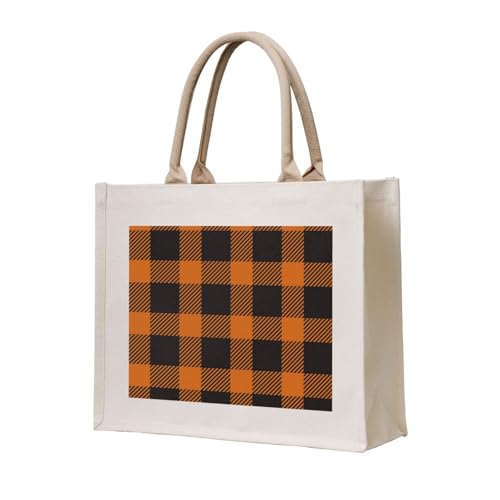 Halloween Check Plaid Orange Black Canvas Tote Bag For Women - Washable Reusable Bag With Wide Comfort Handles, Ideal For Camping, Beach & Groceries