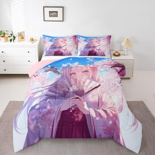 Image of Erosebridal Japanese Style Girl Comforter Set, Cartoon Anime Girl Bedding Japanese Cherry Blossoms Bed Comforter Set, Romance Room Decor, Cartoon Kawaii Girly Bedding Sets King Size 3 Pieces