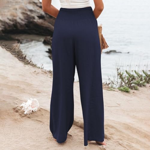 Womens Linen Pants 2025 Summer Casual Loose Wide Leg Palazzo Pants Smocked High Waist Flowy Beach Trousers4