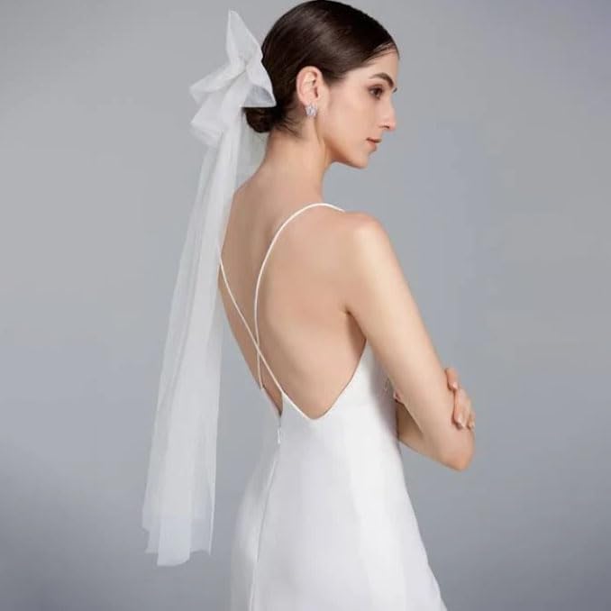Miniatura 2 de Cliory White Hair Bow Veil Bridal Hair Bow Veil Short Bridal Veil White Tulle Veil Bride Veil Clip Bachelorette Party Hair Veil Accessories for