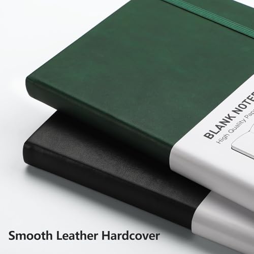 RETTACY Blanko-Notizbuch, A5, Skizzenbuch mit 192 Seiten pro Packung, zum Skizzieren, Zeichnen, 30,8 kg/100 g/m², säurefreies Premium-Papier, Leder-Hardcover, 14 x 21 cm, Schwarz und Grün, 2 Stück