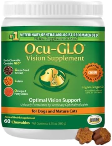 Ocu-GLO Cat & Dog Senior Supplement for Eye Support – Chewable Vision Vitamins Supplements for Large and Small Pets Care with Lutein, Omega-3 Fatty Acids, Grape Seed Extract & Antioxidants