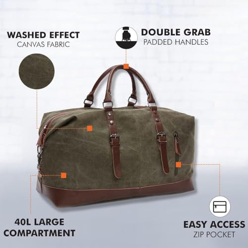 Image of CAVALO - Be Unique Vintage Canvas Travel Duffel Bag for Men & Women, 40L Large Capacity Weekender Bag with Detachable Shoulder Strap, Leather Handles, for Travel, Gym & Business Trips (Green)