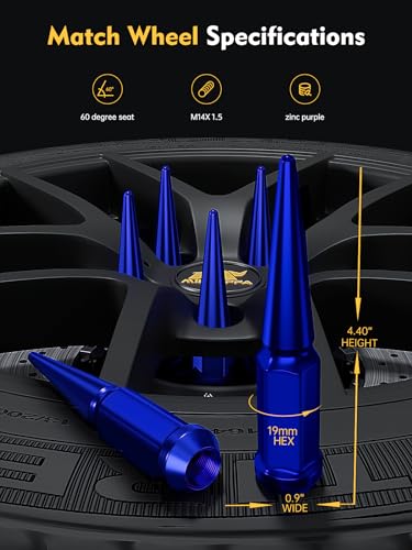 Image of MIKKUPPA M14 x 1.5 Blue Spike Lug Nuts - 24PCS Closed End Lug Nut Set, Compatible with 1999-2022 Chevrolet Silverado, 2001-2022 Chevrolet Tahoe& More，3 /4 inch Hex Spiked Lug Nut with 1 Socket Key