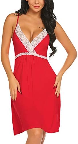 DonKap Women's Breastfeeding Dress Chemise Nightgown Sleepwear Lace Lounge Dress Spin Slip Red M
