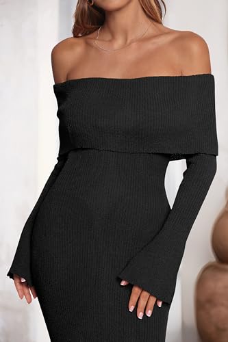 dowerme Women's Off The Shoulder Sweater Dress 2026 Formal Long Sleeve Bodycon Maxi Wedding Guest Dresses Spring Outfits(Black,Small) — view 4