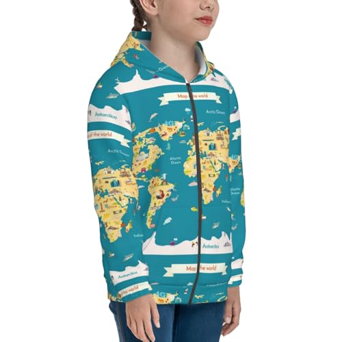World Map With Landmarks Kids Pullover Hoodies Boys Zip Up Sweatshirts Girls Athletic Clothes with Pocket4