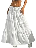 DERAX Women's Boho Flowy Maxi Skirts Elegant Flared Ruffle Hem Elastic High Waisted Summer Fall A Line Long Skirts White S