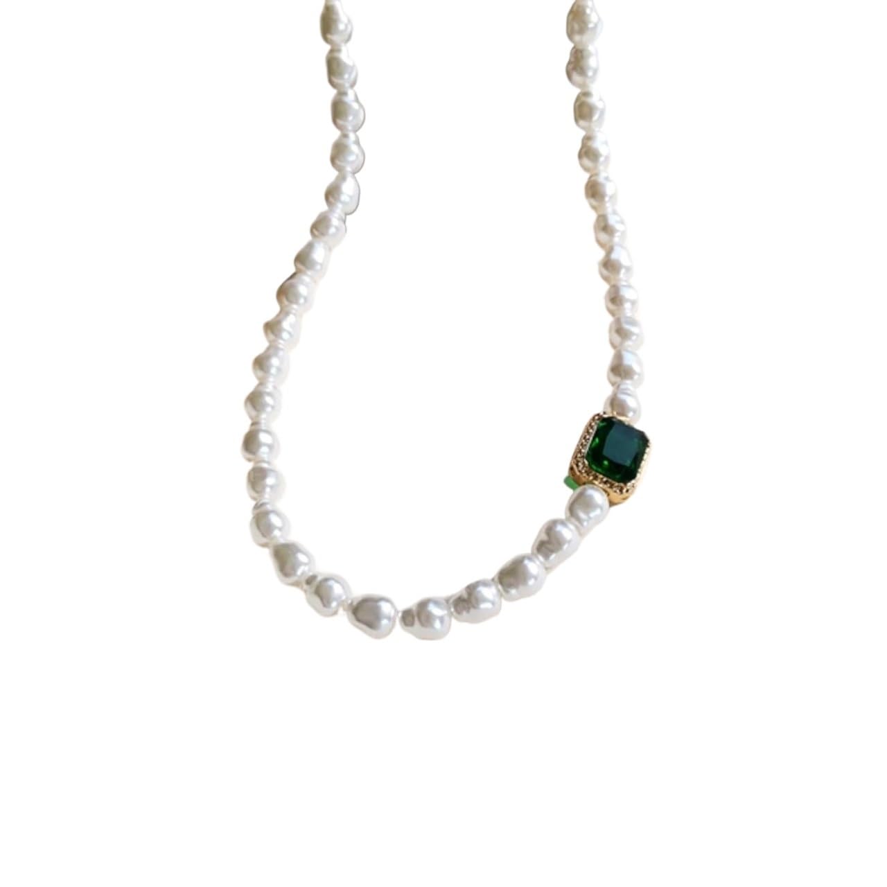 Collar corto de clavícula con perlas de imitación barrocas de cristal verde cuadrado geométrico retro de moda for mujer, joyería de novia ，Collares
