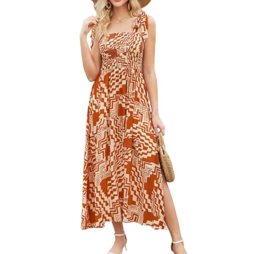 Image of BROVAVE Women Summer Floral Dress: Casual Square Neck Flowy Boho Beach Midi Sundress Sleeveless Tie Shoulder Vacation Daily