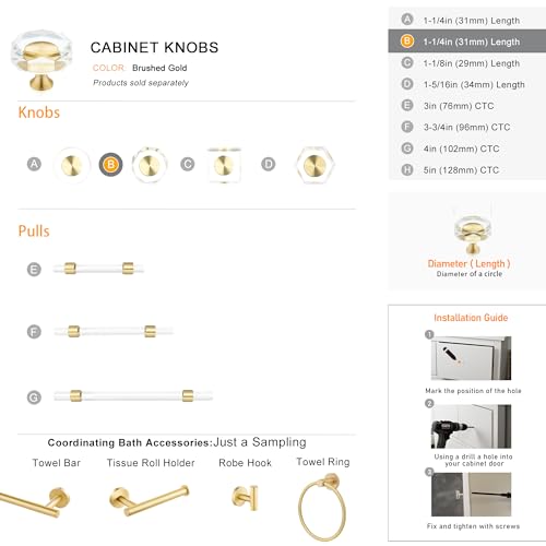 Image of QOGRISUN 10-Pack Brass Crystal Cabinet Knobs,Glass Crystal Gold Drawer Knobs,1-1 /4-Inch Polygon,Decorative Dresser Pulls, Modern Cabinet Hardware