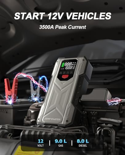 Pabulum Car Jump Starter with Air Compressor, Portable Battery Charger jumpstart 12V Vehicles(9.0Gas 8.0LDiesel), Car Jumper Starter with 150PSI Tire Inflator, Jump Box with USB Charging &LED Light — view 2