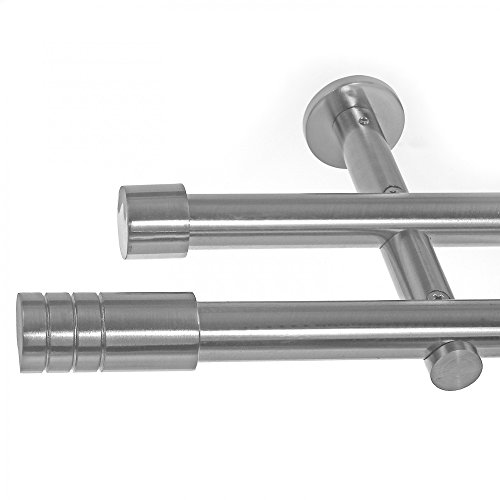 BASIT Gardinenstange 2 läufig 280cm lang Edelstahl Look I Gardinenstange doppelläufig Wandmontage Ø19mm mit Zylinder I In 120-600cm verfügbar H29