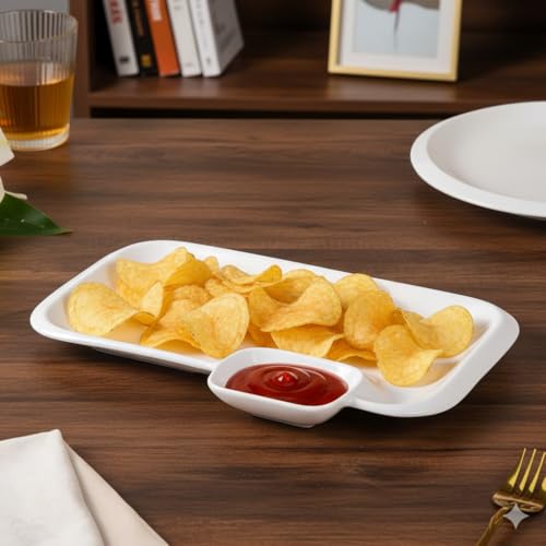 Image of Premium White Ceramic Appetizer Serving Plate 12 Inch Set of 1, with Built-in Dipping Sauce Well Sushi Tray, Dumpling Platter, and Chip & Dip Server, Chip-Resistant