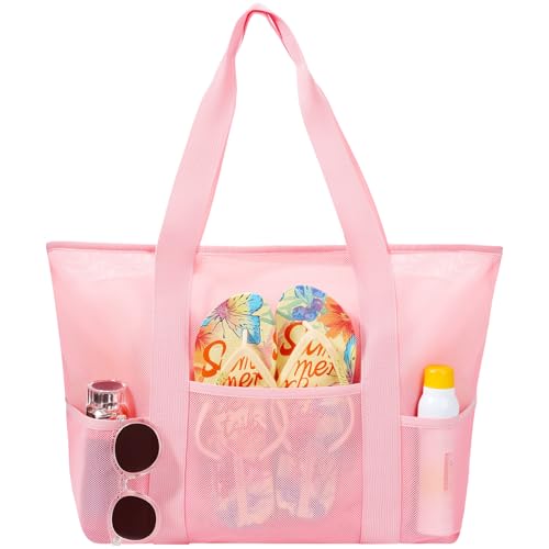 Mesh Beach Bag, Large Beach Tote with Zipper Beach Bags for Women Waterproof Sandproof with 5 Pockets