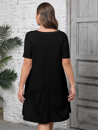 Image of AusLook Plus Size Midi Dress for Women Loose V Neck Short Sleeve Summer Casual A Line T Shirt Sundresses with Pockets 1X-5X