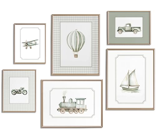 Image of Set of 6 Sage Green Nursery Wall Art Boys Room Canvas Poster Kids Wall Decor Vintage Vehicle Prints Baby Toddler Pictures Transportation Plane Train Painting Artwork for Bedroom 8"x10" Unframed