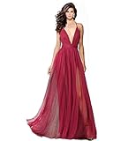 SUMINTRAS Alluring Deep v-Neckline Spaghetti Straps Criss-Cross Open Back Tulle Dual Front Slits Evening Prom Formal Dress (Wine, L)