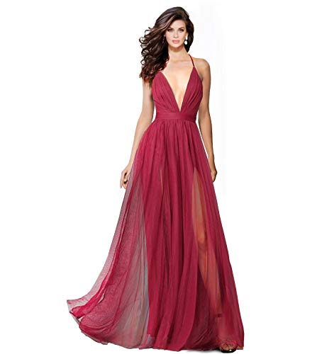 Alluring deep v-Neckline Spaghetti Straps Criss-Cross Open Back Tulle Dual Front Slits Evening Prom Formal Dress Wine