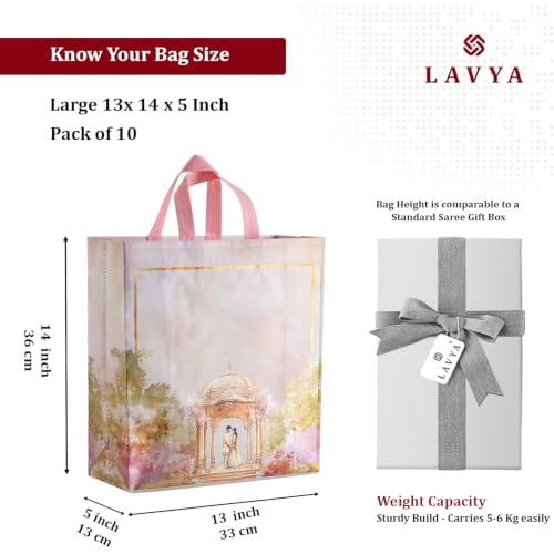 Image of Lavya Large Size Pack of 10 Pcs Wedding Return Gift Bags | Reusable Non-Woven Matt Finish Metallic Laminated | Jewellery, Sweets, Festival Party, Saree, Carry Bag (Golden Mandap, L-13x14x5)