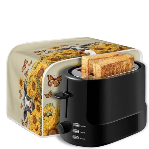 Image of Talayituse Cow Sunflower Butterfly Print 2 Slice Toaster Covers Dust Protection Bread Maker Covers Toaster Oven Cloth Cover Kitchen Accessories Washable Appliance Cover