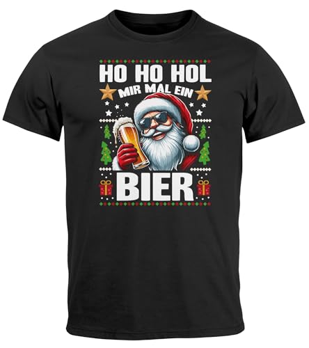 MoonWorks® Herren T-Shirt Weihnachten Spruch Lustig Ho Ho HOL Mir EIN Bier Weihnachtsshirt Männer Xmas Schwarz S