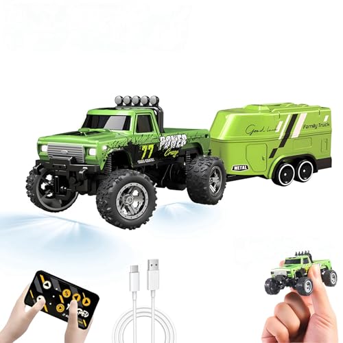 EXVQMU Mini RC Car, 1/64 Scale Mini Remote Control Monster Truck with Trailer, 2.4Ghz & APP Remote Control, Rechargeable Alloy Shell Mini RC Cars with Lights, Speed/Steering Adjustable (Green)