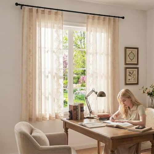 Image of jinchan Floral Linen Curtains, Back Tab 50x63 Inch, 2 Panels Ivory
