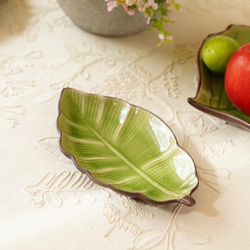Image of Pure Home Light Green Ribbed Ceramic Leaf Platter | Premium Decorative Platters for Dining & Table Decor | Table Top Serving & Dining Decor | Ideal for Diwali & Wedding | Premium Home Decor | Pack of 1