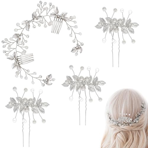Tocado de boda 4 piezas, diadema y horquillas de perlas y brillantes, para novia, diseño elegante y ajustable, ideal para bodas y eventos formales