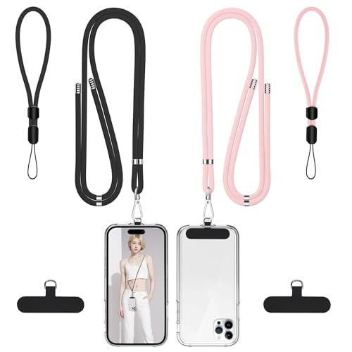 Image of takyu Phone Lanyard, 2 Pack Adjustable Cell Phone Lanyard Crossbody Neck Strap & 2 Pack Phone Wrist Strap with Tether Tabs Compatible for iPhone Android Smartphones-Black LPink
