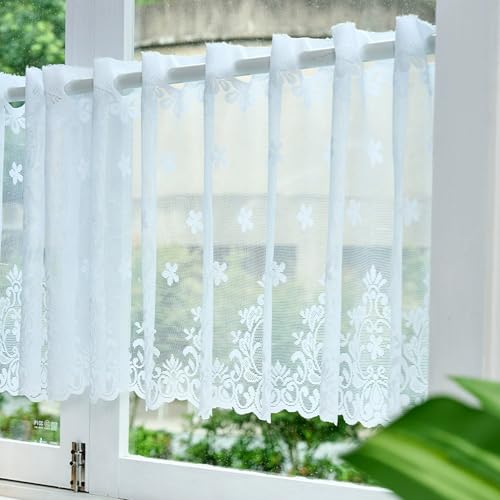 Disnace Visillo Cortina Corta 50x150 cm – Visillo Cocina Blanco para Ventana Pequeña – Cortina de Ventana Tipo Bistró con Barra Pasante (Pétalos)