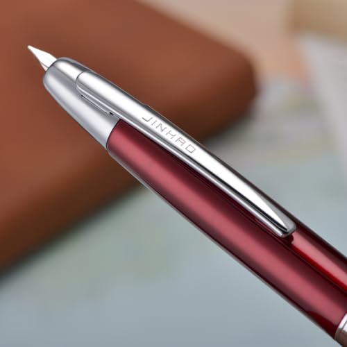 Image of Jinhao 10 Press Fountain Pen with Box, Rose Red Retractable Extra Fine Nib with Ink Converter Set (Silver Clip)